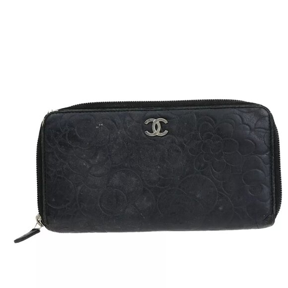 CHANEL CC Logo Camellia Pattern Zip Around Long Wallet Leather Black SHW 05EC216 - Picture 1 of 16